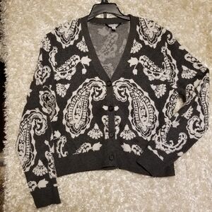 Ophelia Roe Viscose Blend Gray White Paisley Button Up Cardigan Sz L